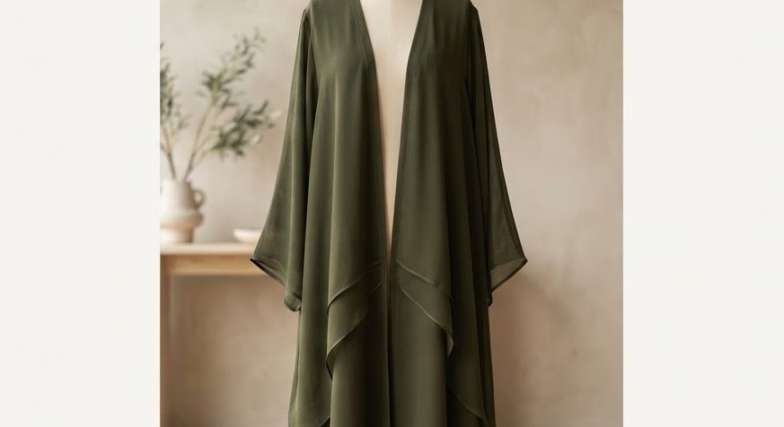 Layered Chiffon Abaya — Olive — detail view